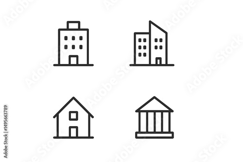 Different types of buildings displayed in simple line art style showcasing urban and residential architecture