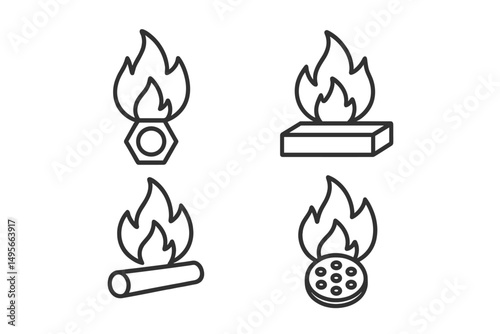 Creative sketches of items and flames illustrating combustion processes with varied materials