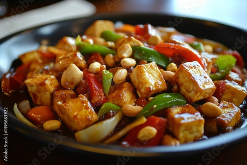 kung pao tofu stir fry with crunchy peanuts and colorful peppers in spicy sauce