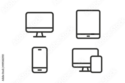 Illustrations of various electronic devices showcasing modern technology including desktop computer, tablet, and smartphone at any creative workspace