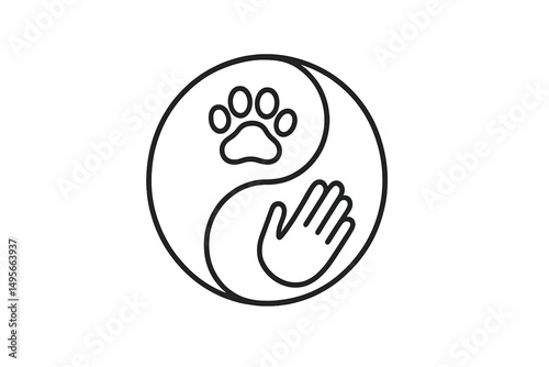 Symbol representing harmony between animals and humans with a paw print and hand design set in a circular format