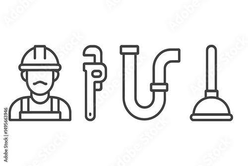 Plumber working with tools including a wrench, pipe, and plunger in a domestic setting