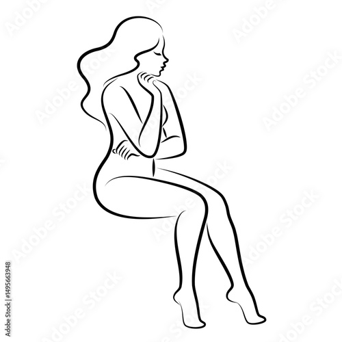 Silhouette of a cute lady, she is sitting. The girl has a beautiful naked figure. The woman is a young sexy and slim model. Vector illustration.