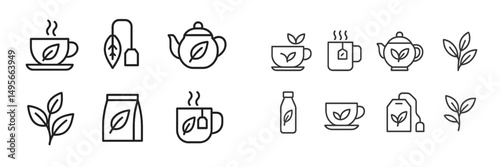 Various tea and herbal beverage icons depicting cups, teapots, and leaves in simple, elegant designs