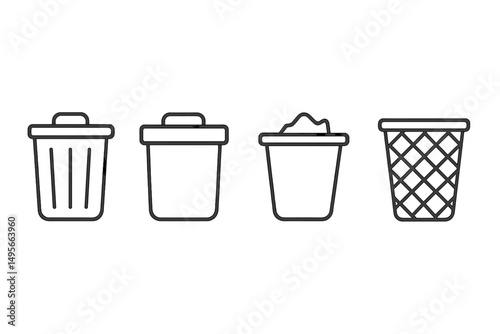 Different types of trash bins arranged in a row showcasing waste disposal options and designs