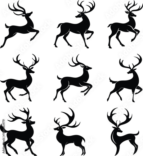 A collection of nine reindeer silhouetted in different poses showcases the animal's grace and power