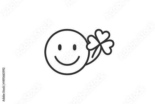 Smiling face holding a clover leaf symbolizing good luck and happiness in a simple outlined design