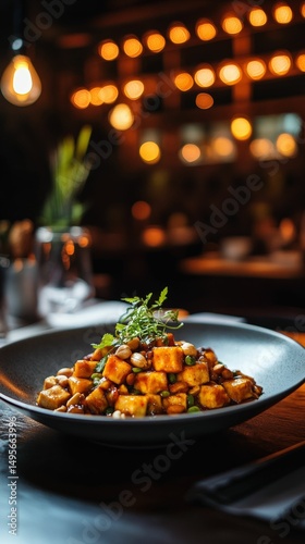 kung pao tofu stir fry with crunchy peanuts and colorful peppers in spicy sauce