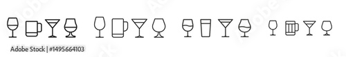 Various types of drink glasses lined up on a flat surface in a minimalistic design style