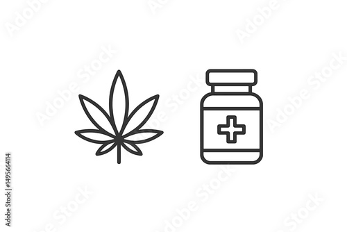 Cannabis leaf and medical bottle symbolize herbal medicine and therapeutic uses in modern healthcare