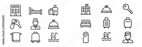 Icons depicting hotel services and amenities including check-in, luggage, and swimming pool activities
