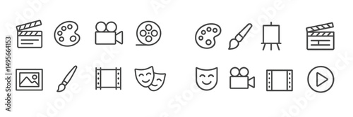 Creative arts symbols associated with film making, painting, and theater production activity in a modern design format