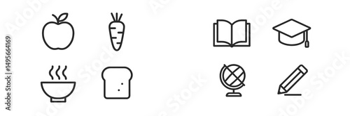 Icons representing food, education, and tools for learning in a simple graphic design layout