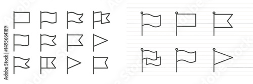 Various flag designs in black and white on lined paper illustrating different shapes and styles