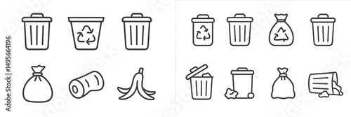 Illustration of various waste containers and trash items displayed on a light background