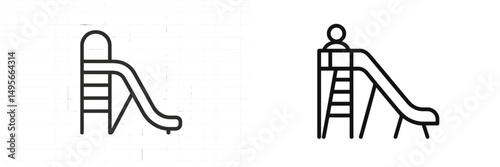 Two playground slides shown from side views in a minimalistic style, highlighting their shapes and design