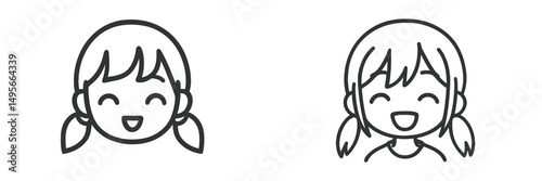 Two cheerful cartoon girls smiling with playful hairstyles in a simple, linear design suitable for children's content