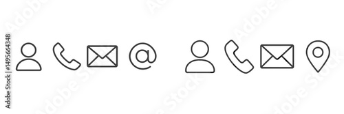Icons representing communication methods featuring user profiles, phone, email, and location markers shown on a clean background