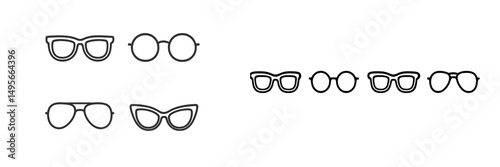Stylish eyewear designs showcase variety of shapes and styles in minimalist illustration format