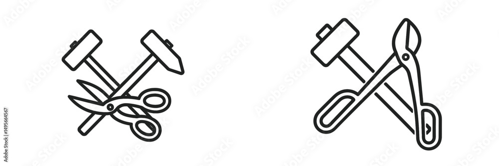 Tools and equipment represented by scissors, hammer, and pliers, highlighting craftsmanship and repair activities Tools and equipment represented by scissors, hammer, and pliers, highlighting craftsmanship and repair activities