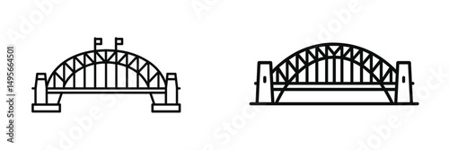 Iconic Sydney Harbour Bridge showcased in minimalist design with distinct architectural features and flags on a clear background
