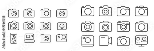Collection of line drawings depicting various camera styles and photography equipment arranged in two rows on a white background