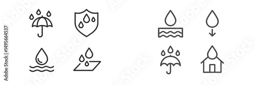 Collection of water-related icons illustrating rain, protection, and moisture management for various uses