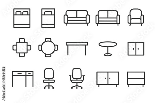 Various furniture designs displayed in simple line art for home and office environments