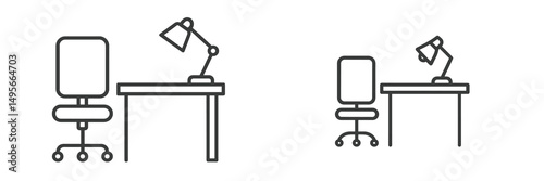 Modern office furniture arrangement featuring a desk and chair with an adjustable lamp for productivity and comfort