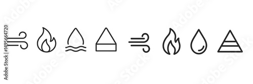 Graphic elements representing the four classical elements with minimalist icons and simple designs on a plain background