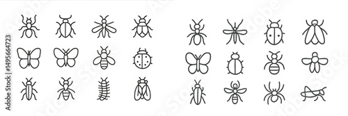 Collection of various insect icons featuring ants, bees, butterflies, and beetles against a simple background