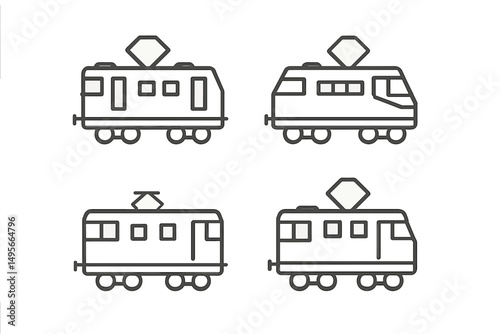 Various train designs illustrated in a minimalistic style showcasing different models on a clean background