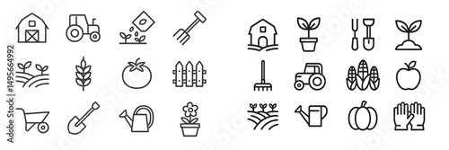 Icons depicting various farming activities and elements related to agriculture and gardening