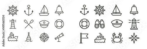 Nautical symbols and icons representing maritime activities and elements related to the sea and navigation