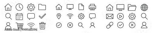 Collection of minimalistic line icons representing various digital and organizational concepts