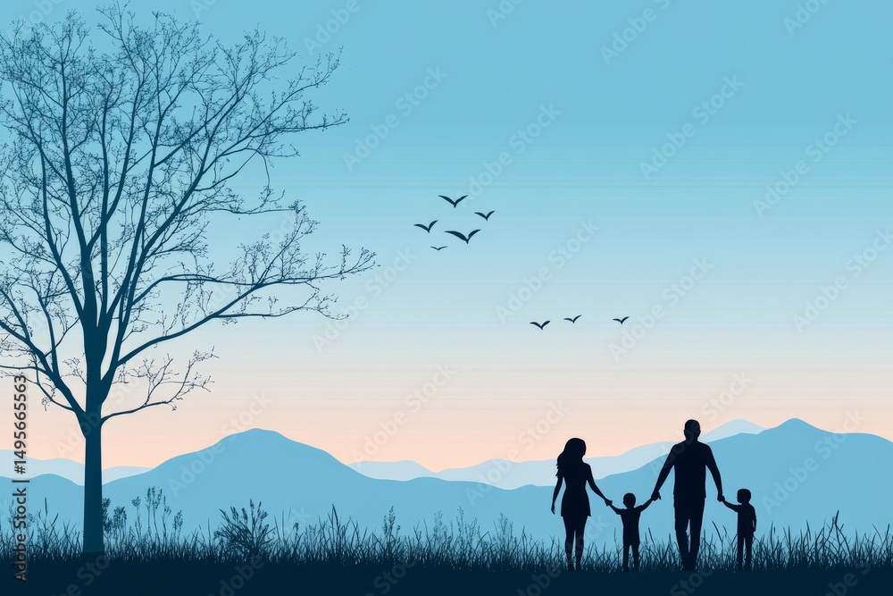 Silhouette of a family holding hands against a serene landscape with mountains, a tree, and birds flying in the sky, symbolizing unity, love, and togetherness in nature Silhouette of a family holding hands against a serene landscape with mountains, a tree, and birds flying in the sky, symbolizing unity, love, and togetherness in nature