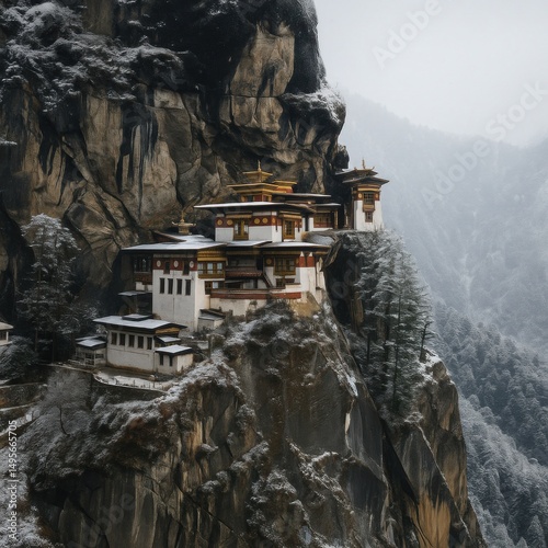 Majestic Monastery Perched on a Snowy Cliff in Bhutan's Serene Landscape