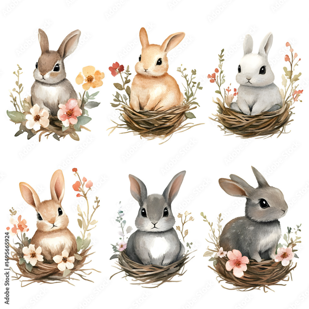 Fototapeta premium Six adorable bunnies nestled in whimsical nests, surrounded by delicate floral arrangements. Capturing the essence of spring with its playful watercolor artwork.