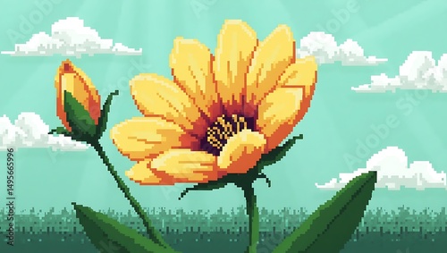 Pixelated Golden Flower Blossoming Under a Bright Sky, Digital Art