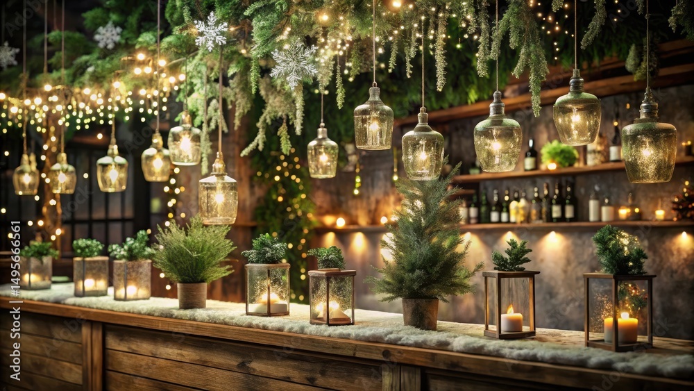 Rustic Winter Bar Decor with Hanging Lights and Festive Candles