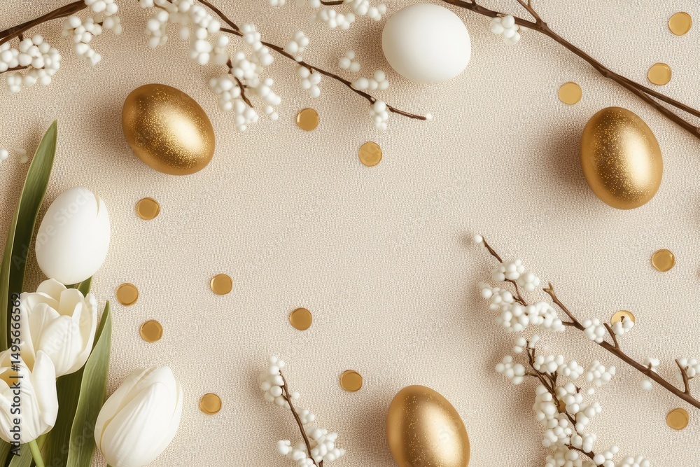 Fototapeta premium Easter eggs, tulips, and branches on a beige background