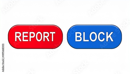 Cyberbullying Prevention concept. Report and block buttons in red and blue colors for online safety.