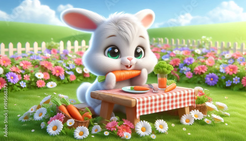 3D funny bunny cartoon with carrots