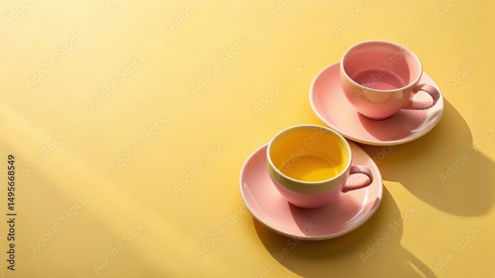 Pastel Teacups and Saucers on Yellow Background A Minimalist Composition Featuring Two Empty Cups with Vibrant Hues and Soft Shadows