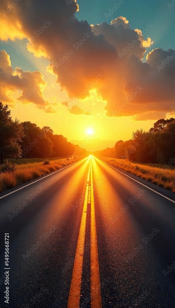Naklejka premium A sun-baked asphalt road stretches into the distance, shimmering with heat haze, the intense summer sun beating down, conveying a feeling of simmering, frustrated anger , nature, heatwave, glare