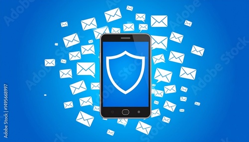 Cyberbullying Prevention concept. Smartphone with shield icon, surrounded by email icons on blue background.