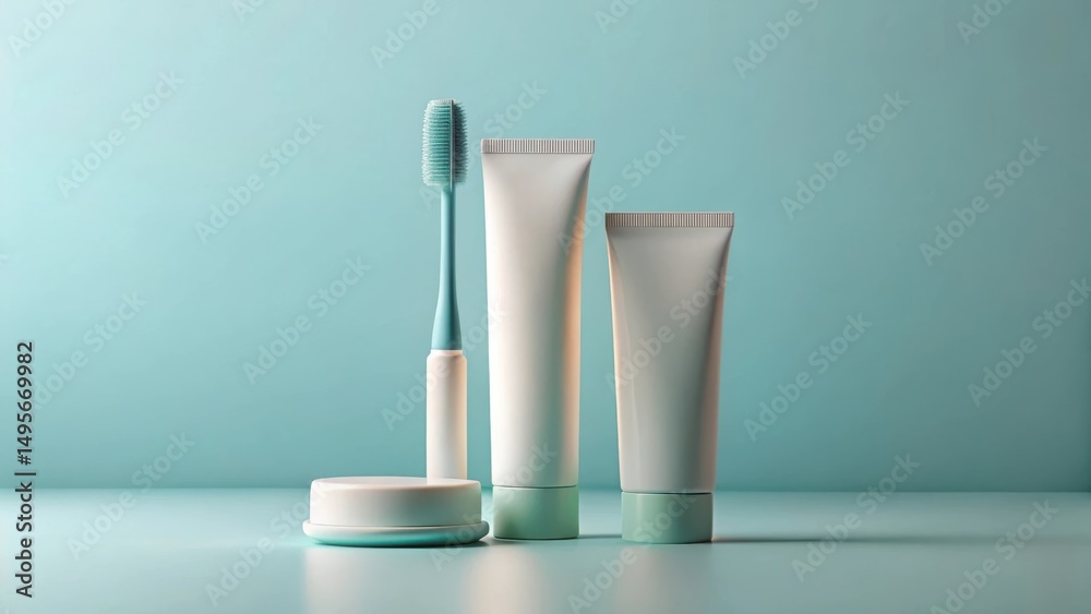 Serene Aqua-Toned Bathroom Essentials Display Featuring a Soft Bristled Toothbrush and Elegant Tubes