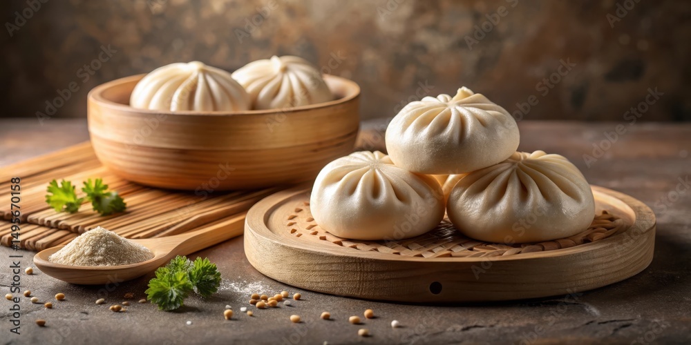 Steamed Buns, Wooden Bowls, and Aromatic Seasonings on a Rustic Tabletop