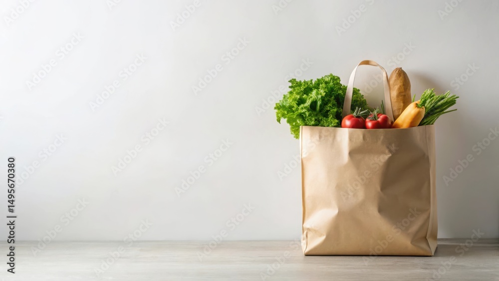 A Kraft Paper Bag Filled with Fresh Produce and Bread on a Tabletop