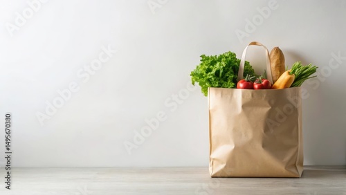 Obraz na płótnie A Kraft Paper Bag Filled with Fresh Produce and Bread on a Tabletop w salonie